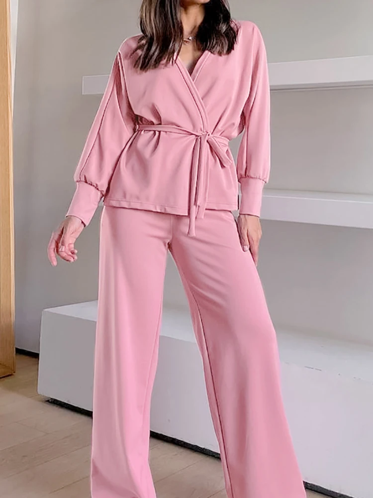 

Linad Pink Pajamas For Women 2 Piece Sets Knitted Long Sleeve Sleepwear Sashes Female Casual Trouser Suits Autumn Nightwear