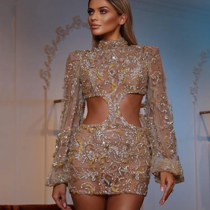 

Женское вечернее платье с круглым вырезом, длинным рукавом и блестками