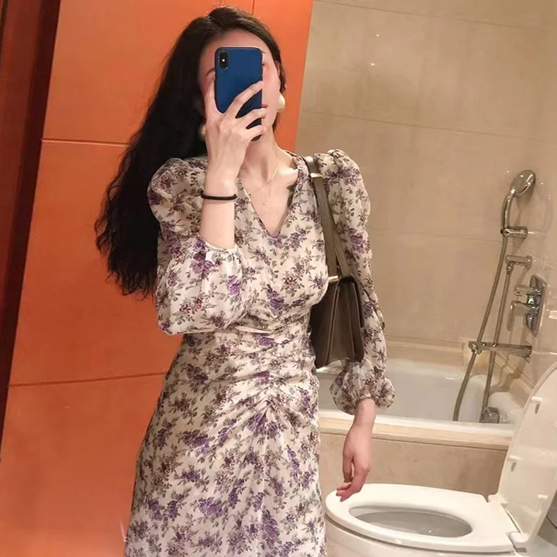 

Женское плиссированное платье макси, Элегантное Длинное платье во французском стиле знаменитостей с V-образным вырезом и цветочным принтом...