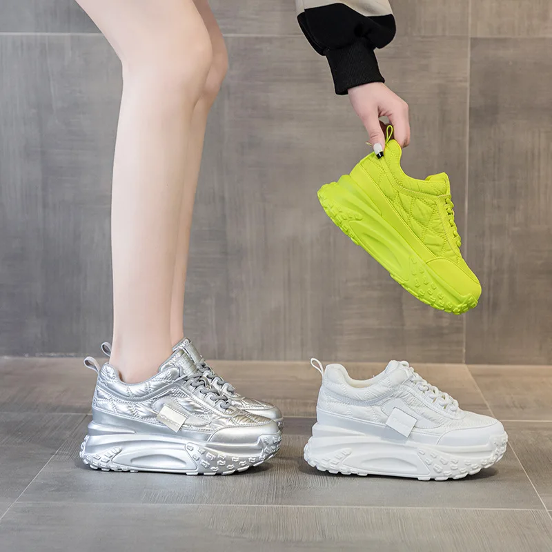 7CM 2023 Platform Wedge Chunky Sneaker Fashion Genuine Leather Lace Mixed Color Casual Comfy Lady Hidden Heel Female Shoes