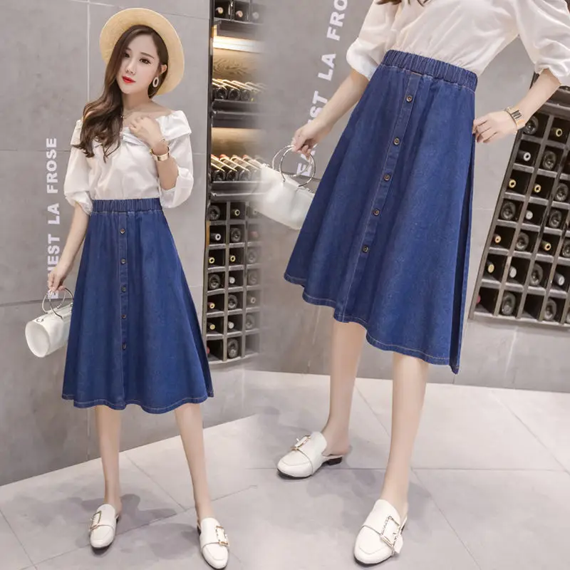 

Vintage Elastic High Waist Ladies Denim Skirt New Spring Summer Streetwear Saia Midi Button A-line Women Jeans Skirts X451