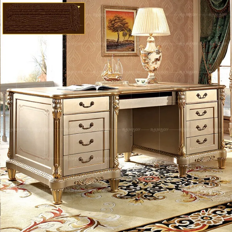 

European Style Solid Wood Bookcase Villa Study Large Bookcase French Luxury Carved Champagne Bookcase Lockers Desk Bookshelf