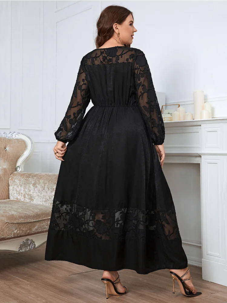 Slightly fat over-the-knee lace dress looks thin long-sleeved temperament plus size dress  party dresses