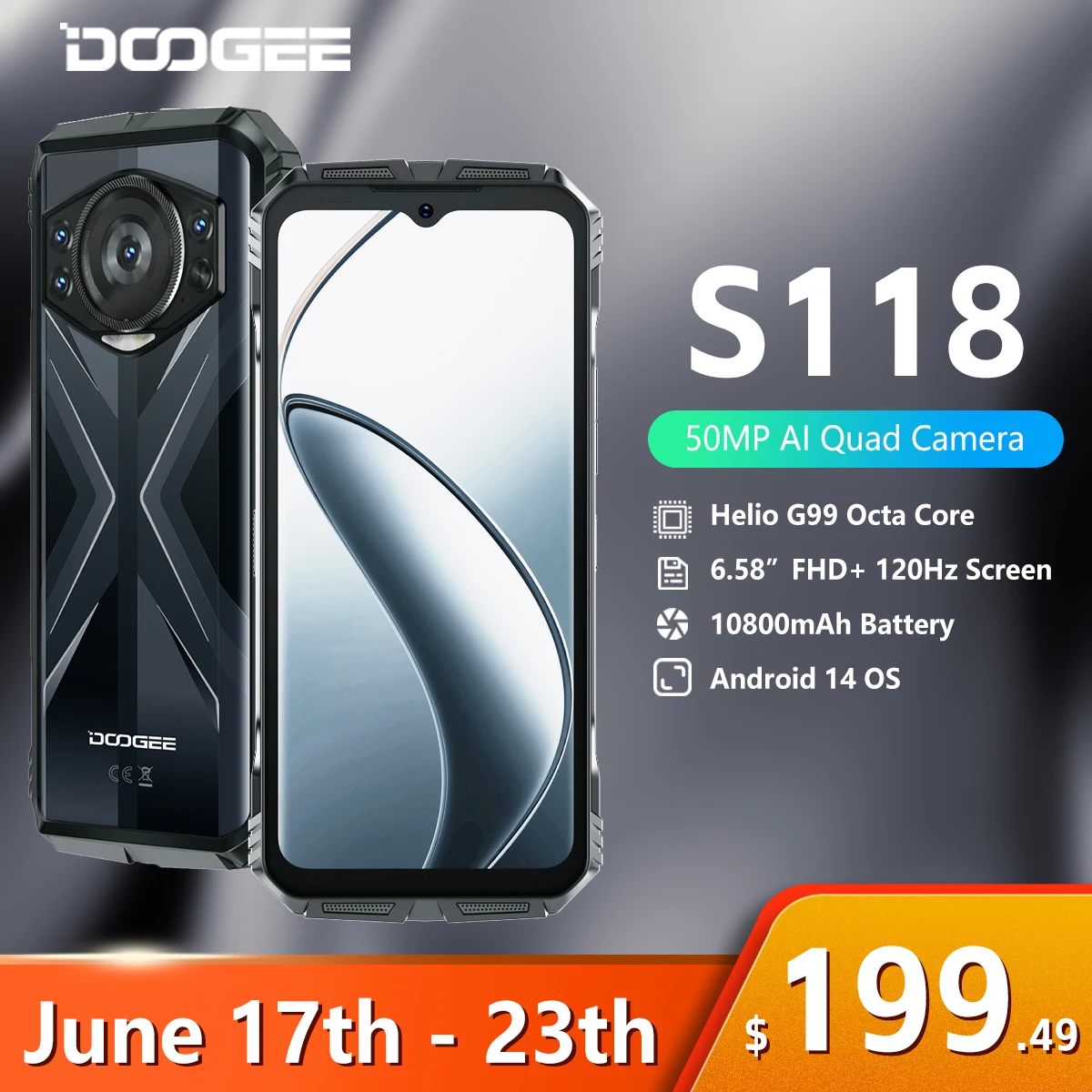 Смартфон DOOGEE S118 повышенной прочности 20 ГБ (8 + 12 ГБ) экран 6 58 дюйма FHD Helio G99 10800 мАч