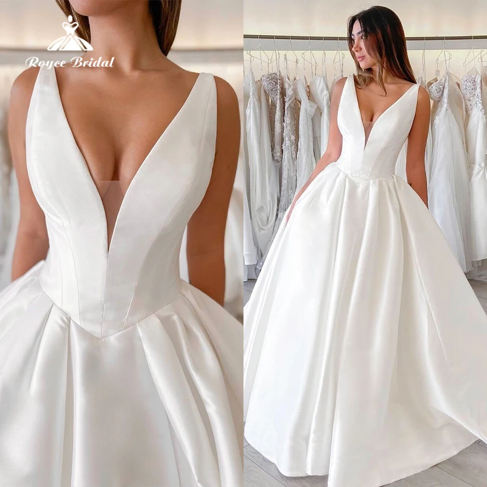 

Simple Split Beach A Line Wedding Dress For Women Sexy Deep V Neck Sleeveless Button Bridal Gowns Satin Sweep Robe Plus Size
