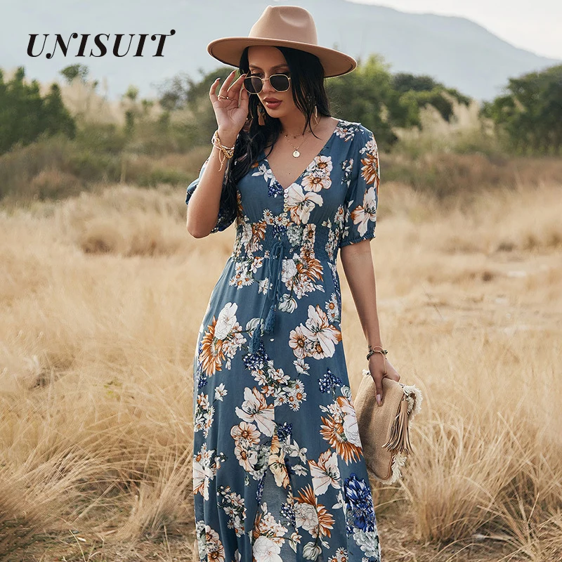 UNISUIT Spring Summer Long Floral Dress Women Sexy V Neck Short Sleeve Bandage Black Blue Yellow S -XL |