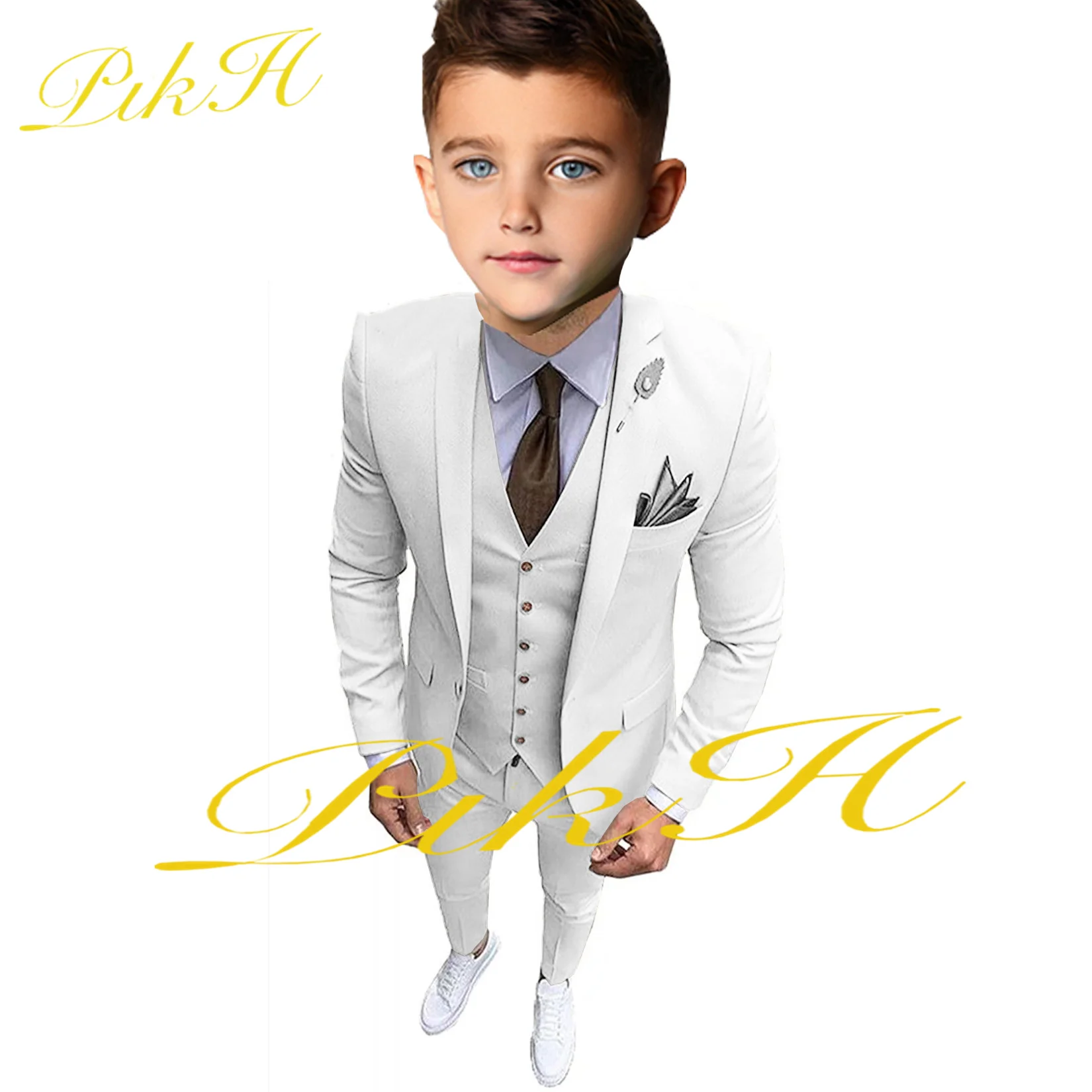 White Boys Suit 3 Piece Wedding Tuxedo Jacket Pants Vest Kids Blazer Child Slim Tailored Dress Full Outfit