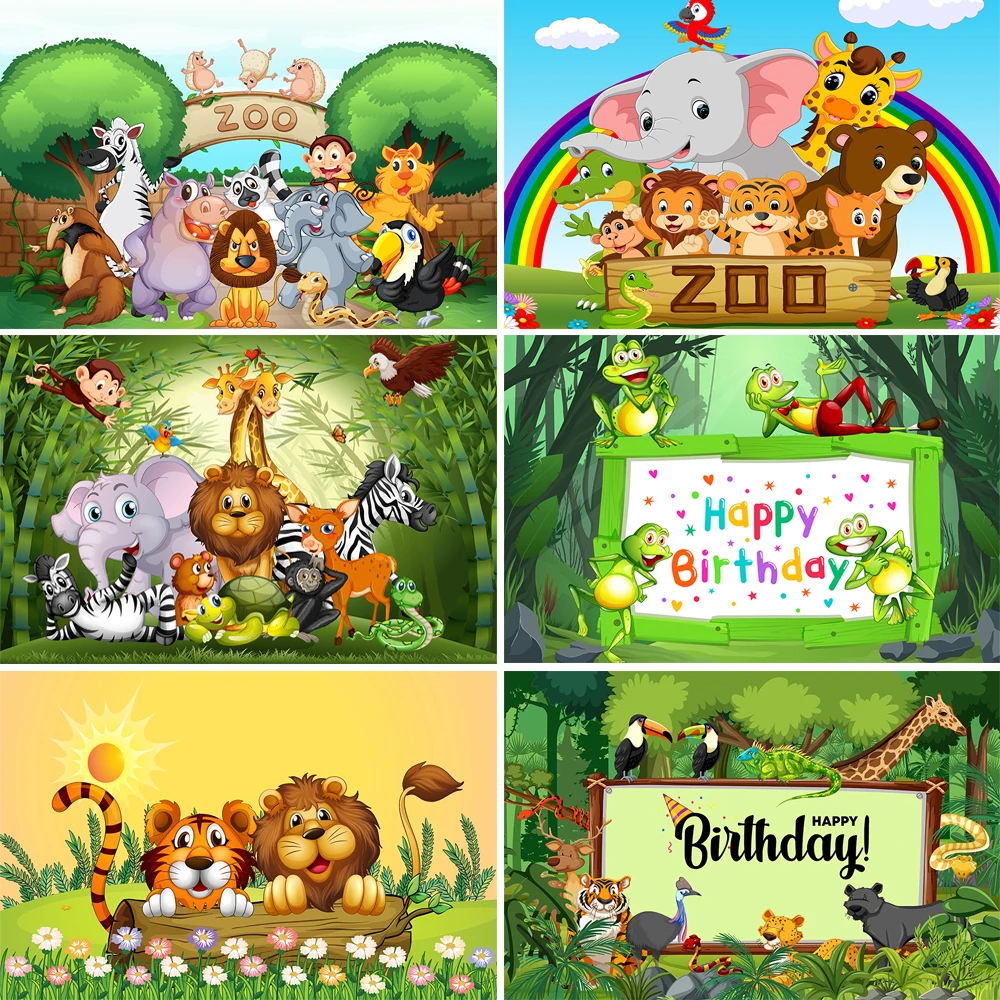 

Tropical Jungle Safari Animal 1st Birthday Party Poster Backdrops Wild One Baby Shower Customized Photographic Background