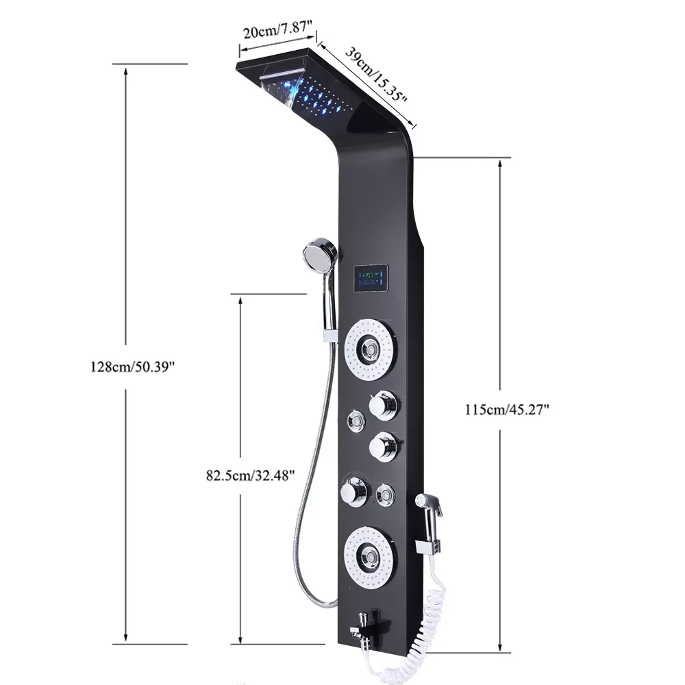 

Black Nickel LED Shower Panel Six Functions Shower Column Rain Waterfall Shower Massage Spa Jets Tub Shower With Bidet Bath Taps