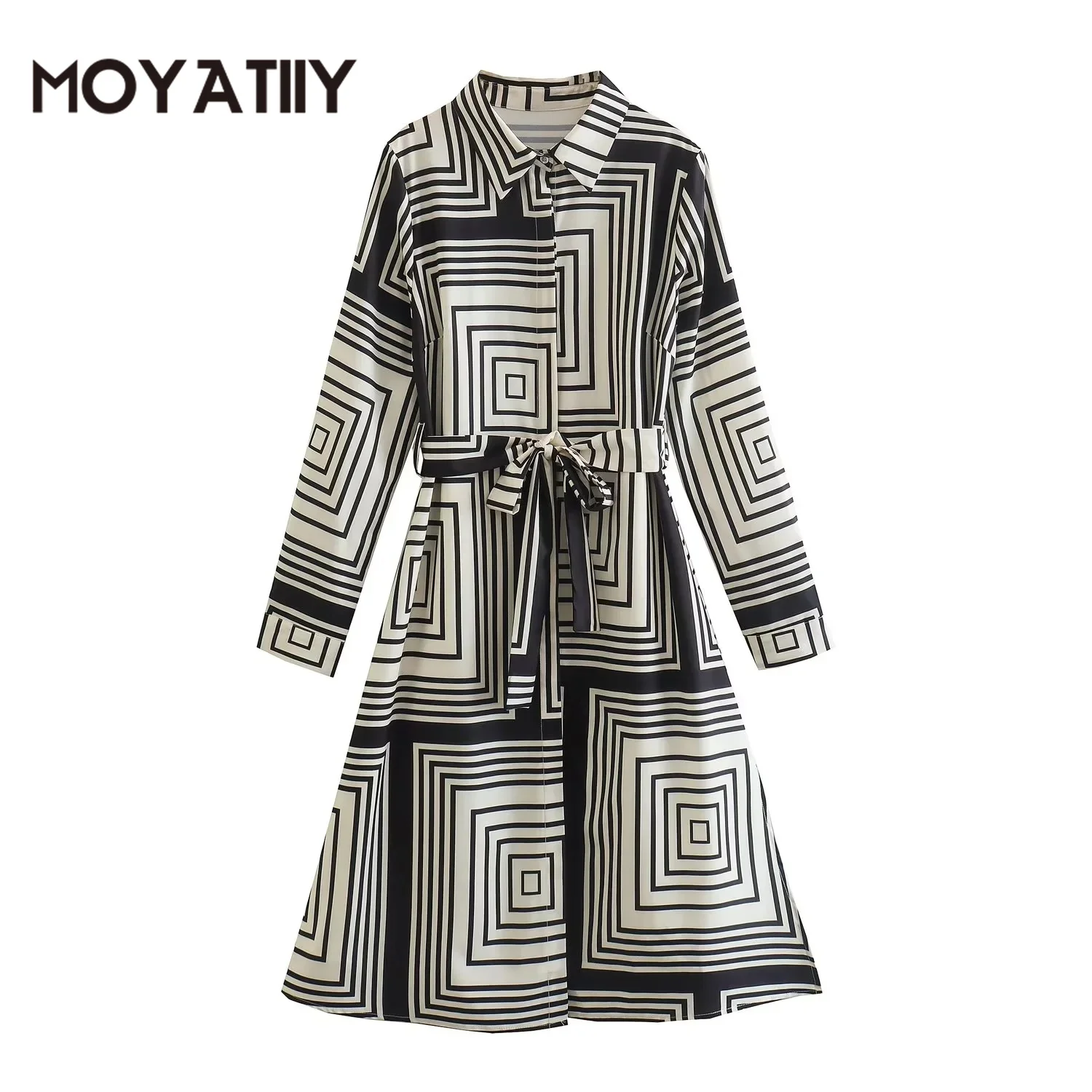 

MOYATIIY Women New Dress Fashion Geometry Print Pattern Spring Midi Dresses with Slash Long Sleeve Female Vestidos