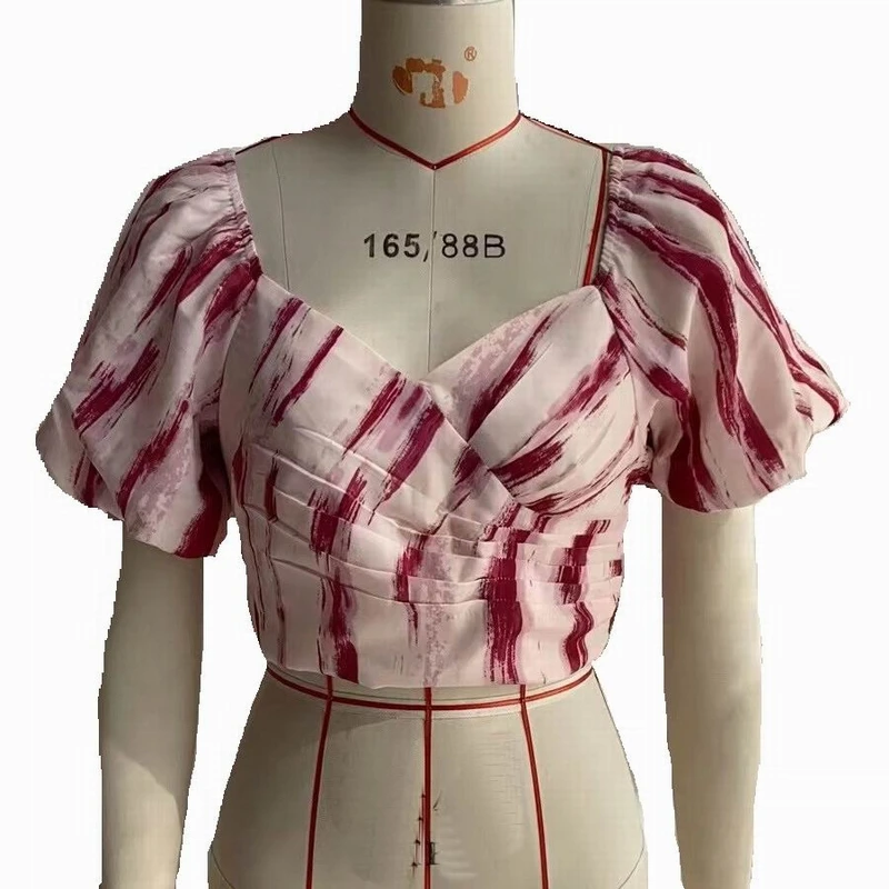 

Women Crop Top Blouse Summer 2022 New Fashion Short Sleeve Printed Pullover Shirt Pleated Front Female Casual Blusa Clothing