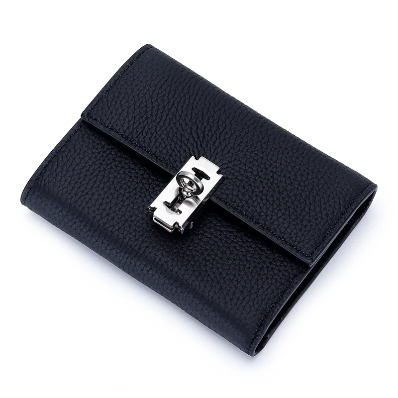 Luxury Fashion Women Short Wallet Perfect Folded Korea Genuine Leather Female Card Holder Purse 2023 Design Lock Lady Money Bag
