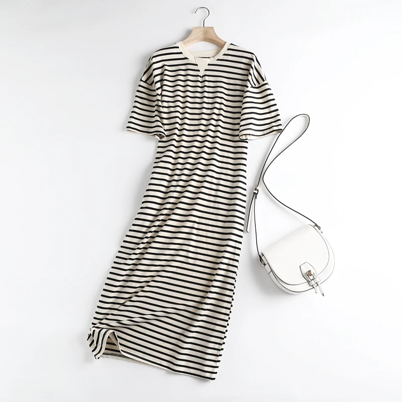 

2022 Summer Women High Quality Striped Print Cotton Midi Dress Side Pocket Short Sleeve Ladies Sundress sexy dress
