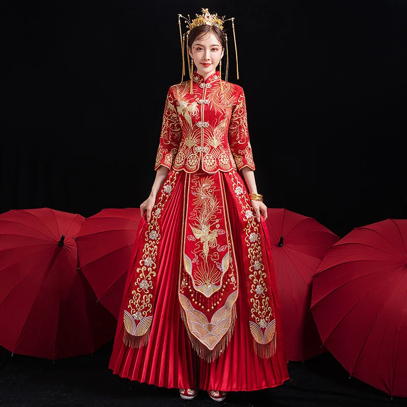 

2022 элегантный традиционный китайский Ципао с вышивкой Феникс, стильная одежда для свадебного банкета, винтажный Ципао для невесты