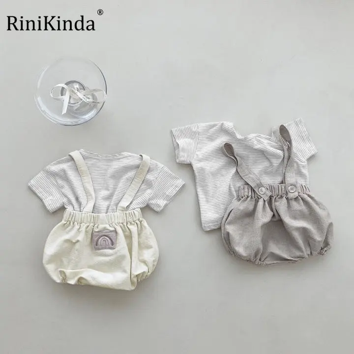 

2023 Fashion Summer Newborn Baby Girl Clothes Set Short Sleeve striped Tops overalls Shorts pants Infant 2Pcs Outfits