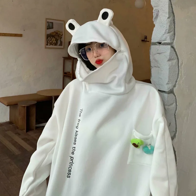 

Толстовка женская оверсайз с длинным рукавом, винтажный свитшот с принтом лягушки, корейский стиль, парная одежда, черный зеленый цвет