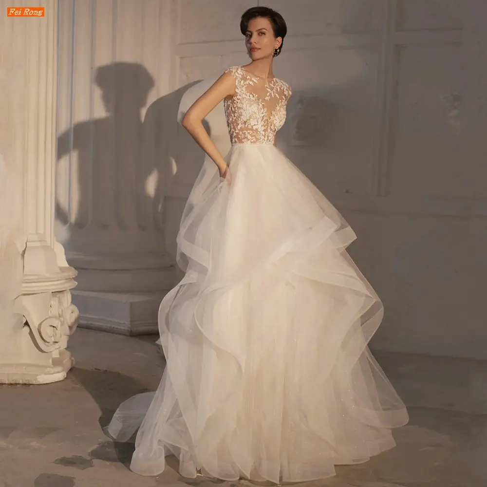 

Fei Rong Romantic Ruffles Lace Tulle Wedding Dress Vestidos de Novia O Neck Sleeveless A Line Tiered Bridal Gown Robe De Marié