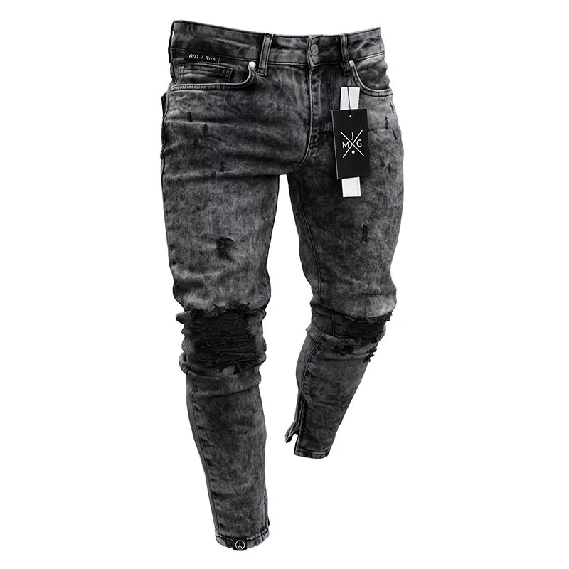 Festival Is Not Closing  Europe and America Cross Border Slim Fit Ripped Fashion Black Leg Opening Zipper Skinny Jeans Men's Tro