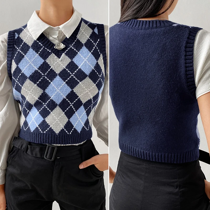 

Vintage Sweater Vest Women Sleeveless Plaid Knitted V Neck Crop Top Casual Autumn Style Clothes