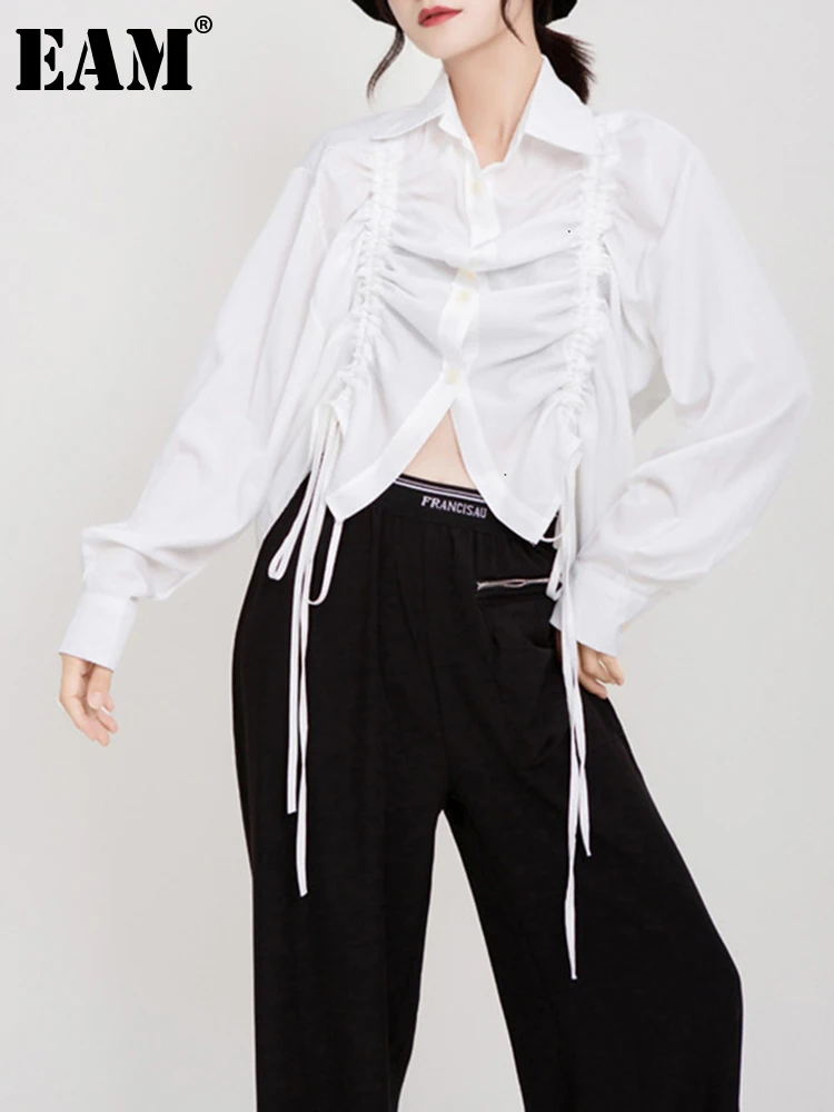 

[EAM] Women Drawstring Pleated Big Size Blouse New Lapel Long Sleeve Loose Fit Shirt Fashion Tide Spring Autumn 2022 1D195