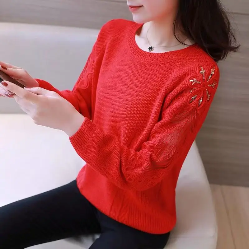 

Women Knitted Sweater Mesh Stitching 2023 Sexy Lace Pullover Sweaters Fashion Loose Embroidery O Neck Jumper Tops Feminine 123HP