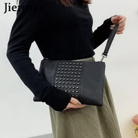 jierotyx brand rivet handbag for women shoulder bag black punk bag ladies crossbody vintage bags soft leather dropship