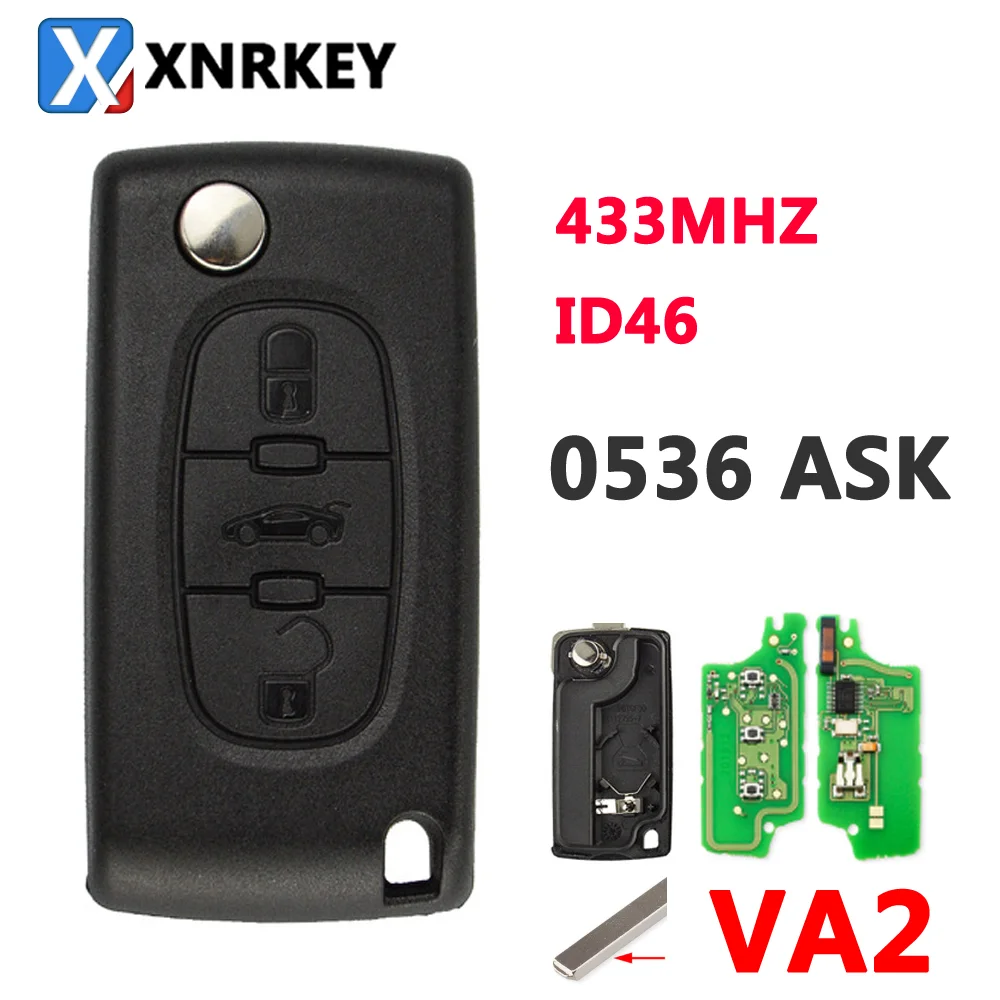 

XNRKEY 0536 Type ASK 3 Button Flip Remote Car Key 433Mhz Electronic 46 Chip VA2 407 Blade for Peugeot Key