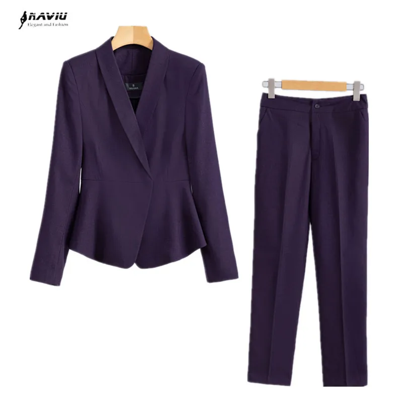 Purpler Suits Women New Autumn Winter Porfessional Temperament Slim Blazer And Pants Office Ladies Work Wear Formal Gray