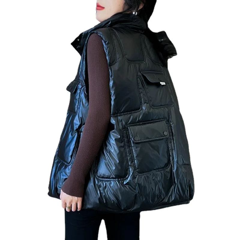 

90 White Duck down Multi-Pocket Glossy down Jacket Vest New Fashionable Stylish Vest Outdoor All-Matching Vest Waistcoat Female
