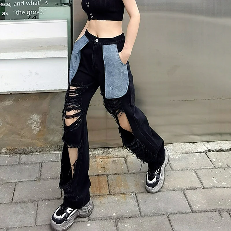 Trousers Fashion Spring and Autumn High-waist Stretch Raw Edge Frayed Hole Pockets Outturned Casual Wide-leg Jeans Loose Women's