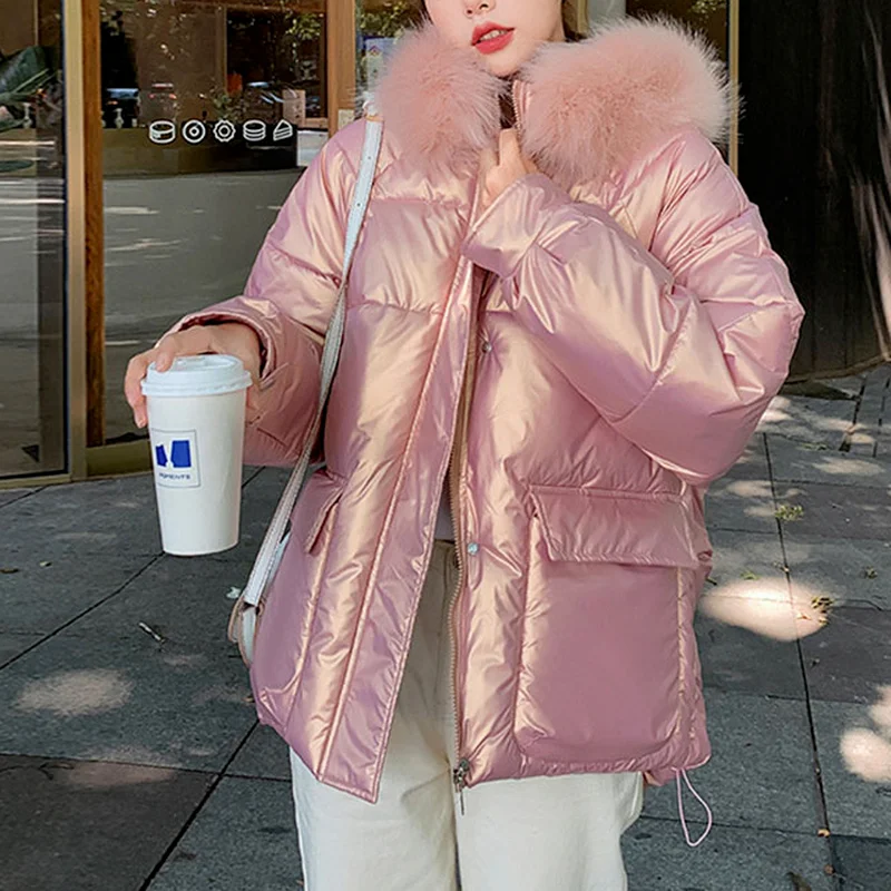 2021 New Women Clothing Cotton Coat Hooded Big Fur Collar Warm Outwear Glossy Loose Thick Padded Jacket Ladies Winter Coat Parka