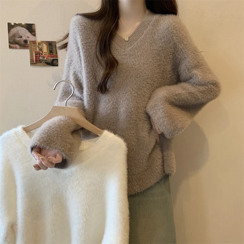 Большой размер норковый свитер с v-образным вырезом для полных девочек женский