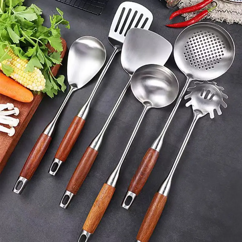 

Stainless Steel kitchen utensils set cooking accessories cuisine outils Wok Spatula Gadgets Tool Handle Slotted Rice Spoon