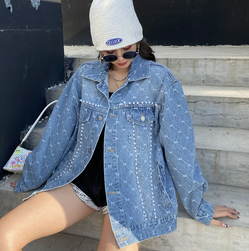 

Женская джинсовая куртка оверсайз, с бусинами, весна-осень