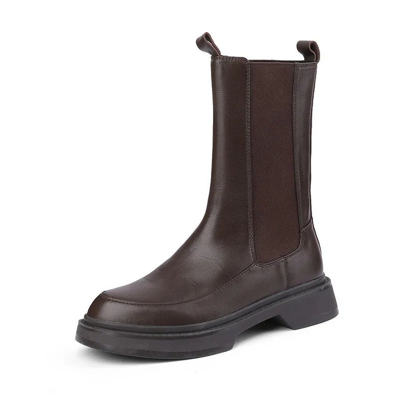 

Chelsea Boots Women Natural Genuine Leather Flat Platform Mid Calf Boots Round Toe Ladies Shoes Autumn Winter Black 40