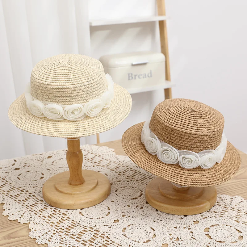 

New Fashion Straw Hat Parent-child Travel Beach Bucket Hat Rose Flower Lace Beach Sun Caps Women Girls Panama Kids Party Hat