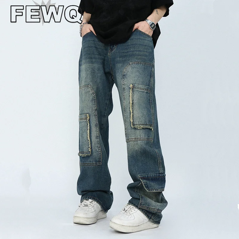 

FEWQ American Male Jeans High Street Burrs Vintage Y2k Men's Denim Pants Straight Trousers Safari Style 2023 Spring New 24B2204