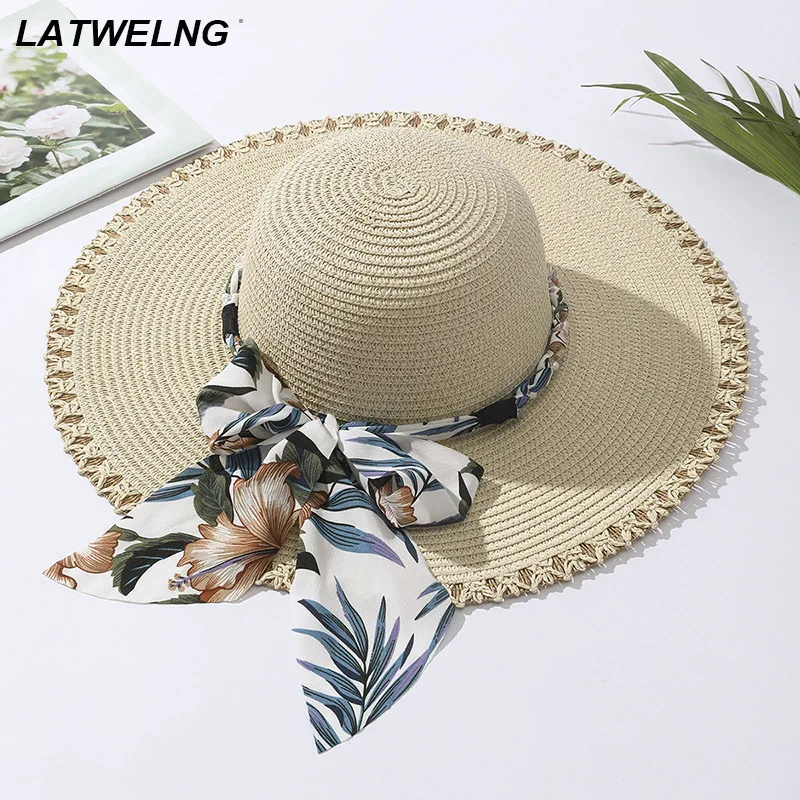 

Foldable Big Brim Beach Hats For Women Fashion Print Scarf Sun Hat Summer Straw Hats Sunshades Wholesale