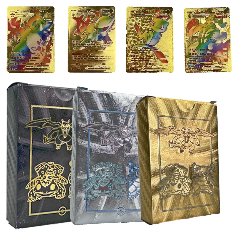 

55Pcs Anime Pokemon Rainbow Gold Silver Black Pikachu English Cards Charizard Eevee Battle Game Collection Cards Kids Toys Gifts