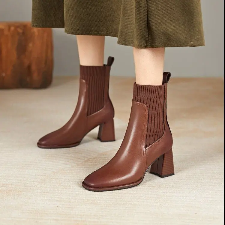 

White Ankle Boots Shoes Boots-Women Winter Footwear Low Autumn 2022 Rubber Ladies High Heel Short Plush Fabric Basic Lace-Up Sq