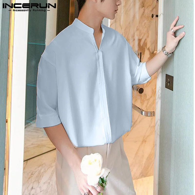 

INCERUN Tops 2023 Korean Style Men's Solid All-match Comfortable Standing Neck Shirts Fashion Hot Sale Short Sleeve Blouse S-5XL