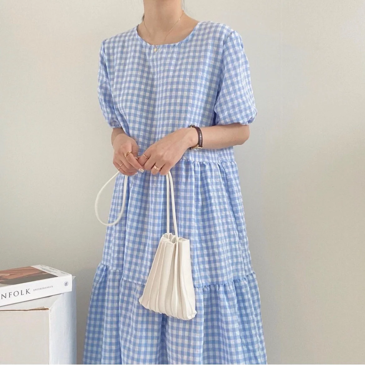 

New plaid print Short Sleeve Loose Casual dress Vintage Long Dress for Women plus size cloths