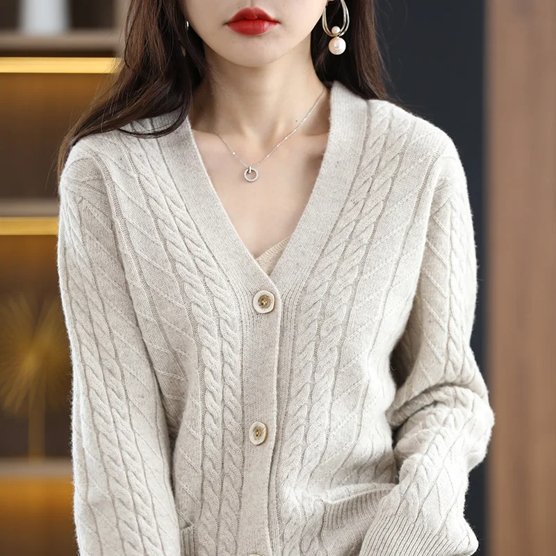 Autumn and Winter New Cashmere Knitwear Women V Neck Twisted Flower Thick Outer Sweater Off Shoulder Pure Wool Cardigan Jacket