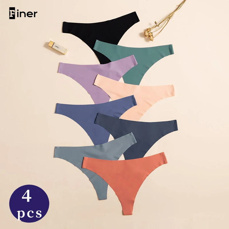 

4 PCS Lot Seamless Underwear For Women Ice Silk Thong Panties Femme Woman Plain Panties Solid Light Tangas Mujer String Set