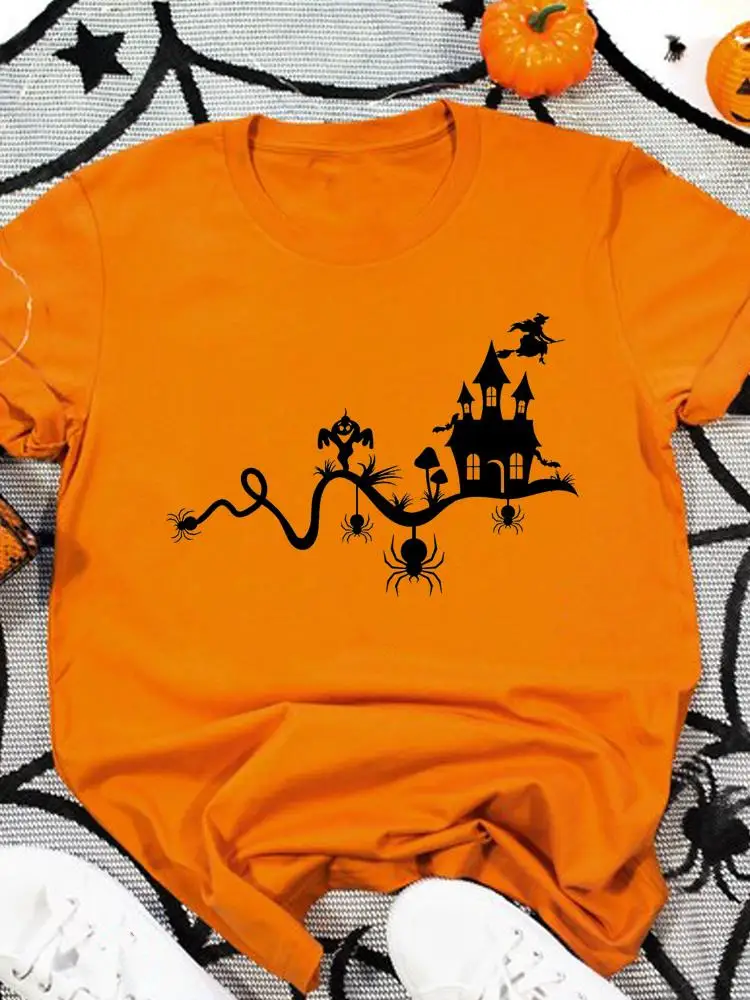

Fall Autumn T Spider Printing Cute Ladies Halloween Clothing Print Fashion Orange T-shirts Clothes Women's Female Graphic Tee