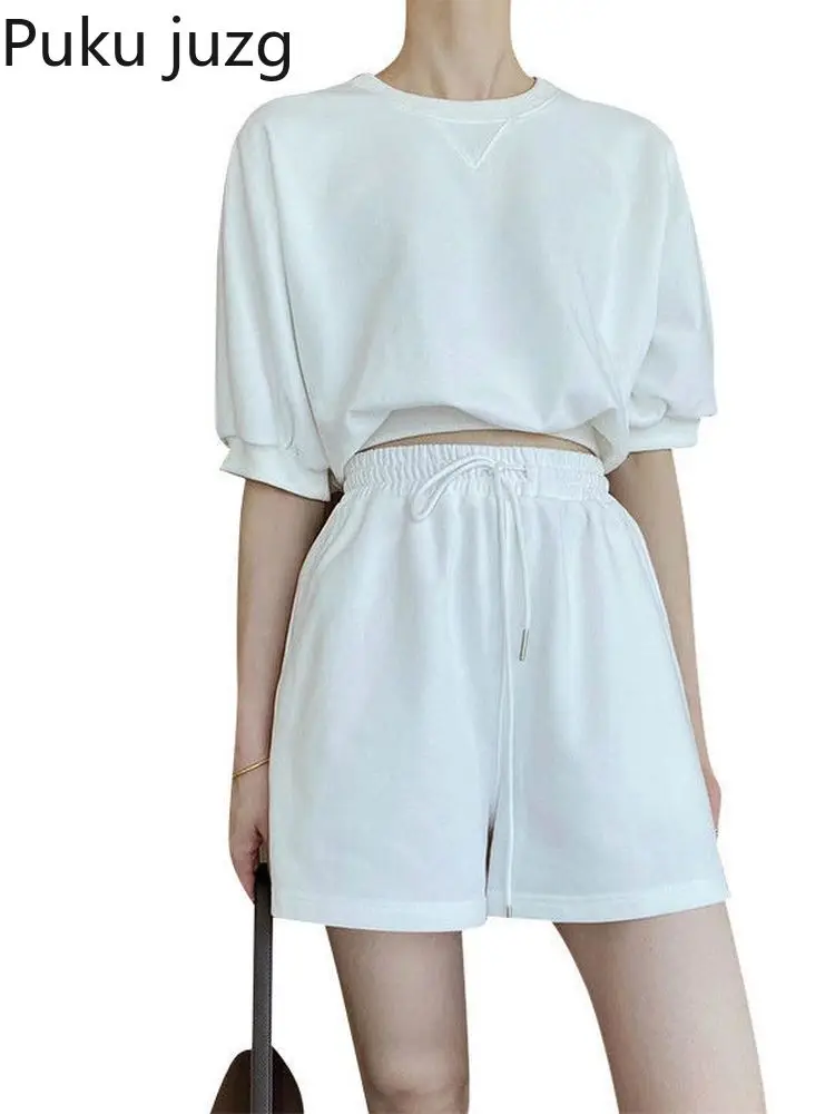 

Puku Juzg Avocado Green Short Sleeve T-shirt Elastic Waist Wide-leg Pants Two-piece Women's Summer New 2022 Sports Running Suit