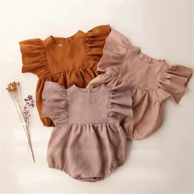 

2022 Summer Girls Rompers Petal Sleeve Solid Cotton Bodysuits for Infants Linen Cotton Onepiece Clothes