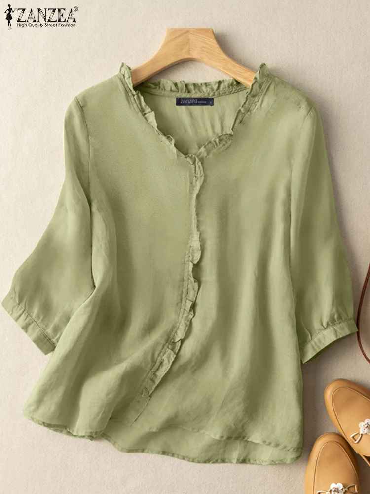 

Женские летние топы 2023 ZANZEA, Модные Элегантные повседневные однотонные офисные блузы, женская блузка с V-образным вырезом и рукавами 3/4 и оборками