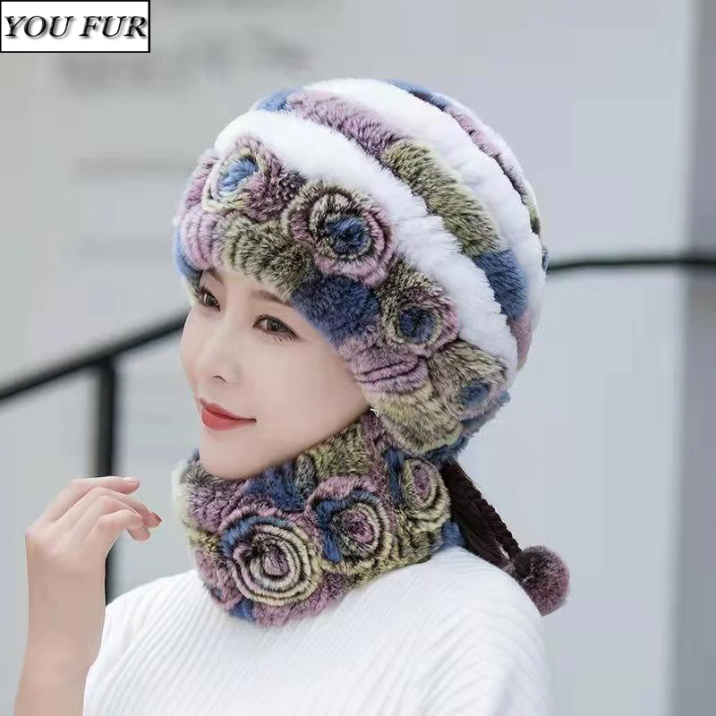 

Women Knitted Soft 100% Real Rex Rabbit Fur Hat Scarves Winter Warm Real Fur Hat Scarf Sets Natural Rex Rabbit Fur Cap Scarf Set