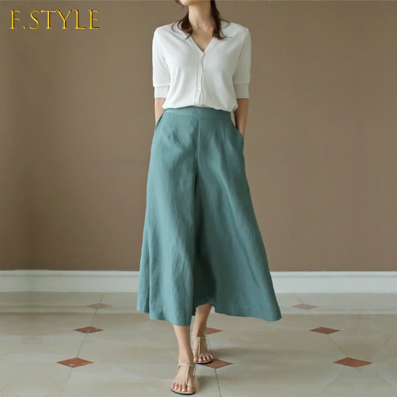 Elegant Elastic Waist Pant Skirt  Solid Cotton Linen Work Trousers Office Lady Fashion Summer Women Loose Wide Leg Pants